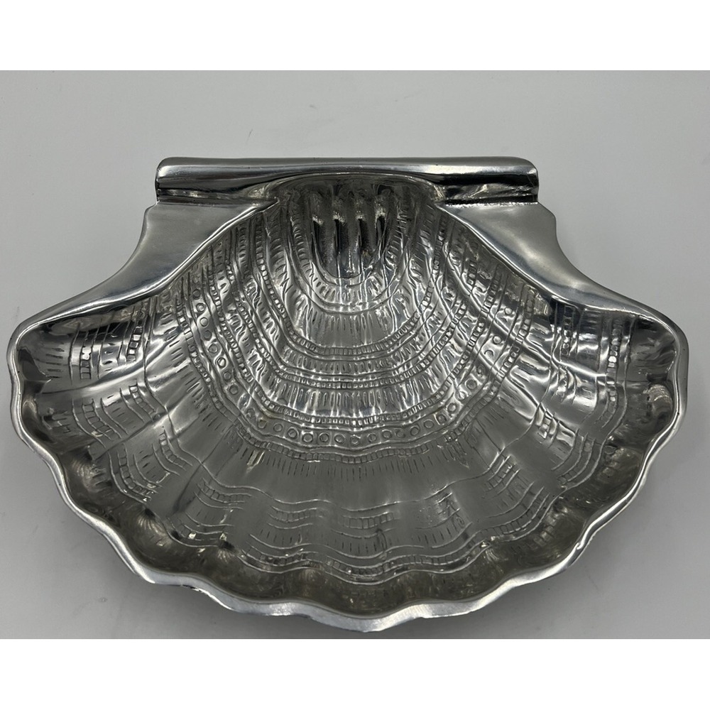 Large Shell Pewter Serving Dish Home Decor 12" X 11.5" Etched Coastal Shiny